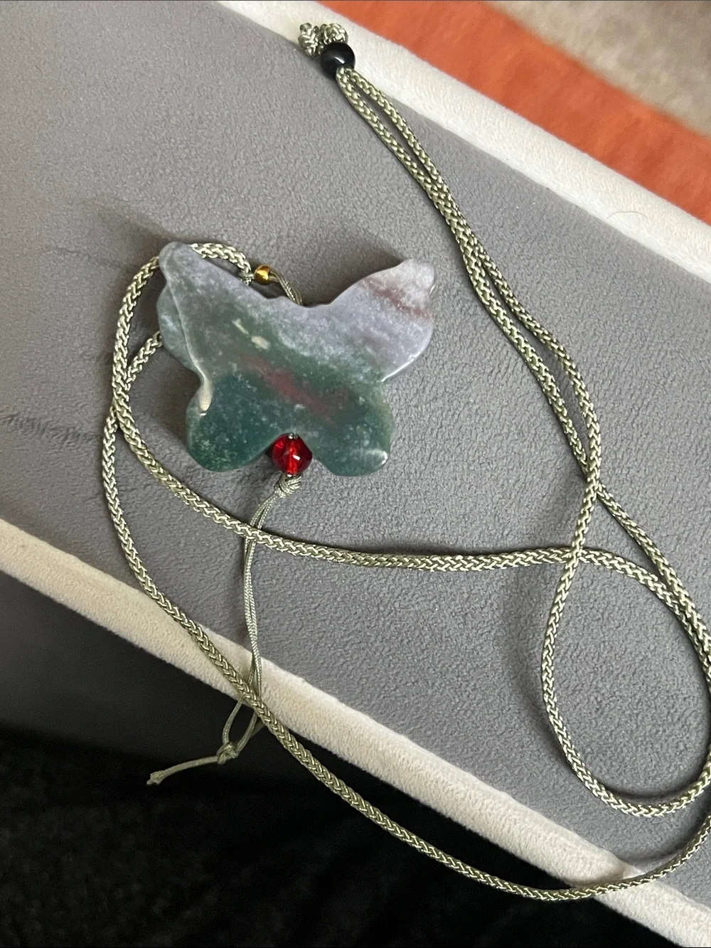 Carved Multicolored Jade Butterfly Pendant Necklace Pink Lavender Green